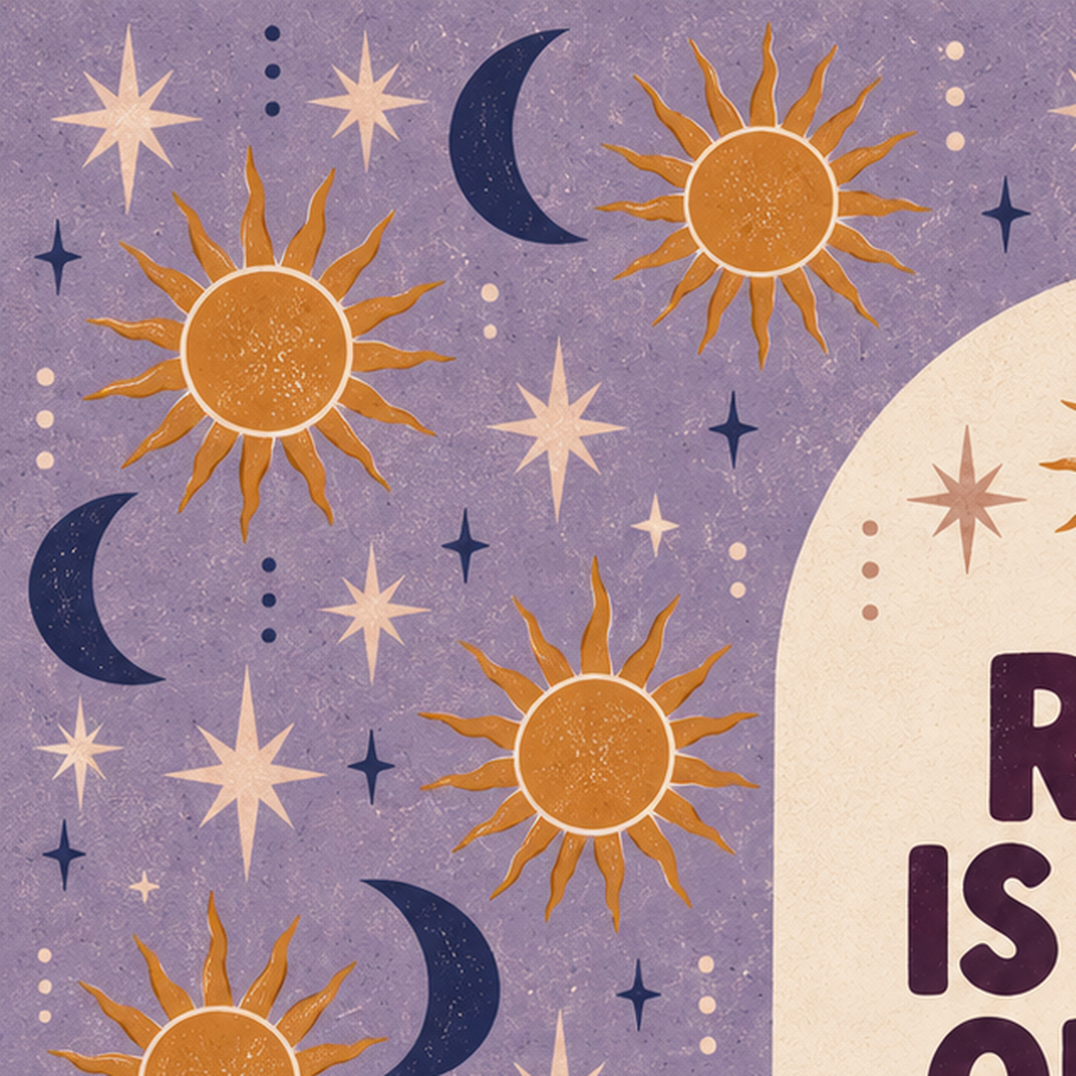 Güneş Ay Motifli Motivasyon Posteri – Rest is Part of the Practice — baskının yakın çekimi, kâğıt dokusu ve renk detayı