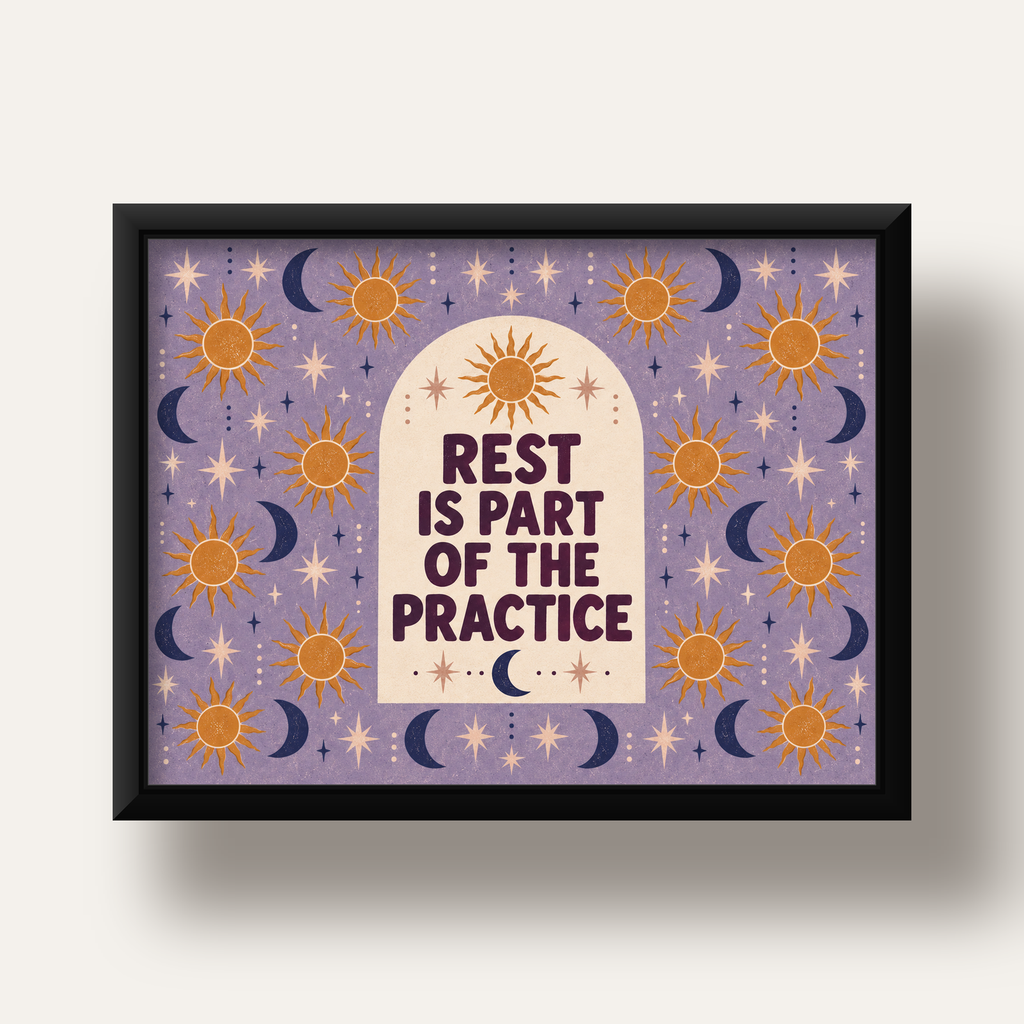 Rest Is Part of the Practice Güneş ve Ay Yoga Poster — siyah derin çerçeveli