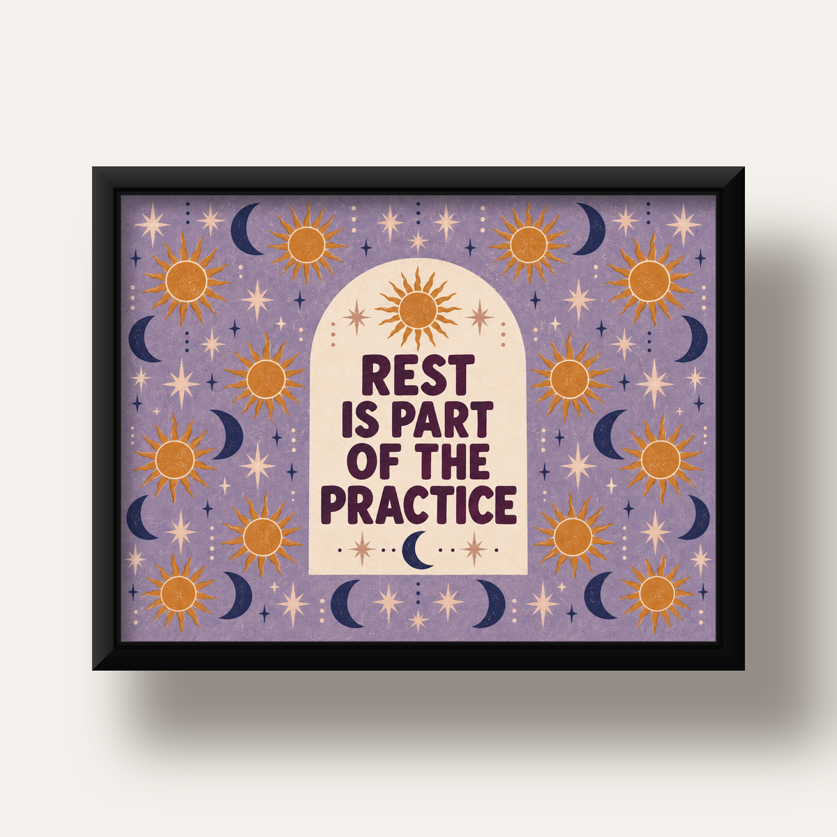 Rest Is Part of the Practice Güneş ve Ay Yoga Poster — siyah derin çerçeveli