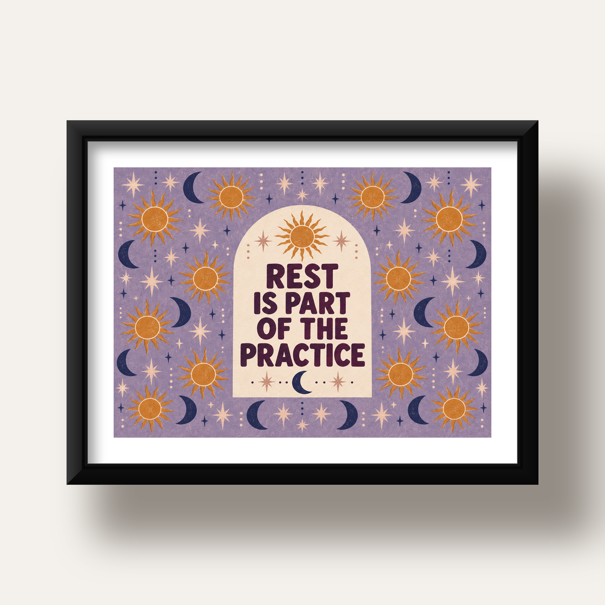 Rest Is Part of the Practice Güneş ve Ay Yoga Poster — siyah derin çerçeveli paspartulu