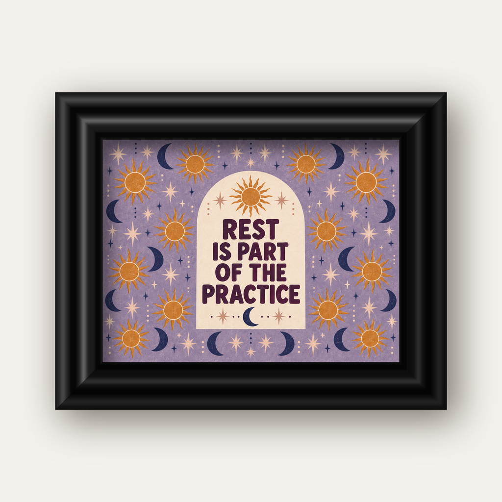 Rest Is Part of the Practice Güneş ve Ay Yoga Poster — siyah galeri çerçeveli