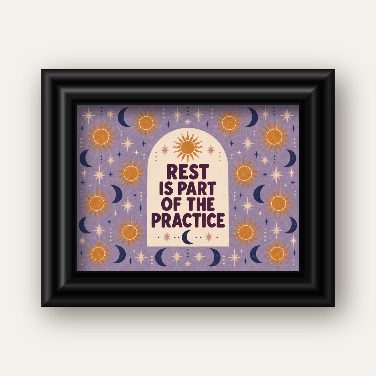 Rest Is Part of the Practice Güneş ve Ay Yoga Poster — siyah galeri çerçeveli