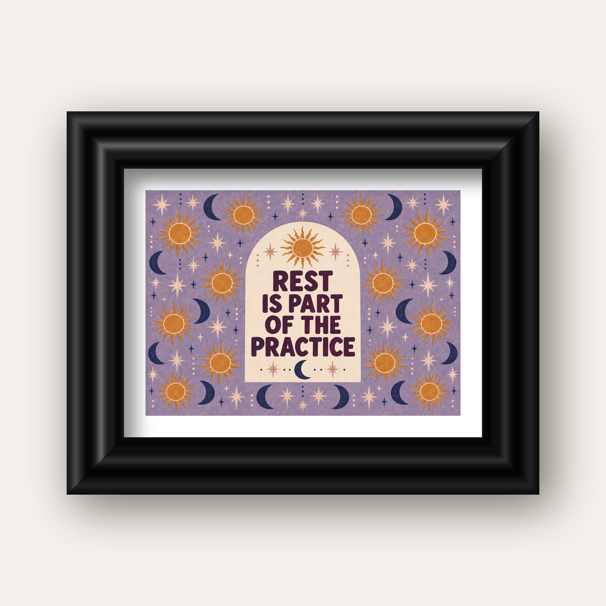 Rest Is Part of the Practice Güneş ve Ay Yoga Poster — siyah galeri çerçeveli paspartulu