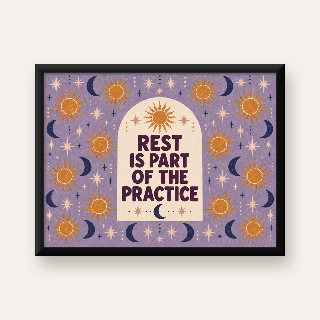Güneş Ay Motifli Motivasyon Posteri – Rest is Part of the Practice — Yatay baskı, düz siyah çerçeveli duvar posteri