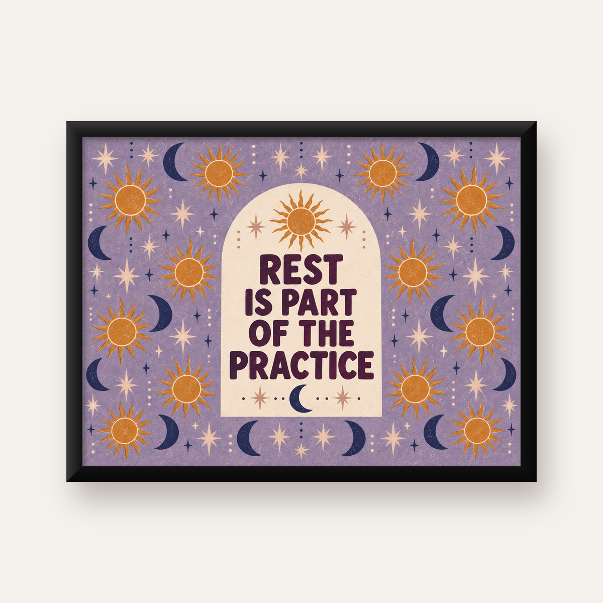 Güneş Ay Motifli Motivasyon Posteri – Rest is Part of the Practice — Yatay baskı, düz siyah çerçeveli duvar posteri