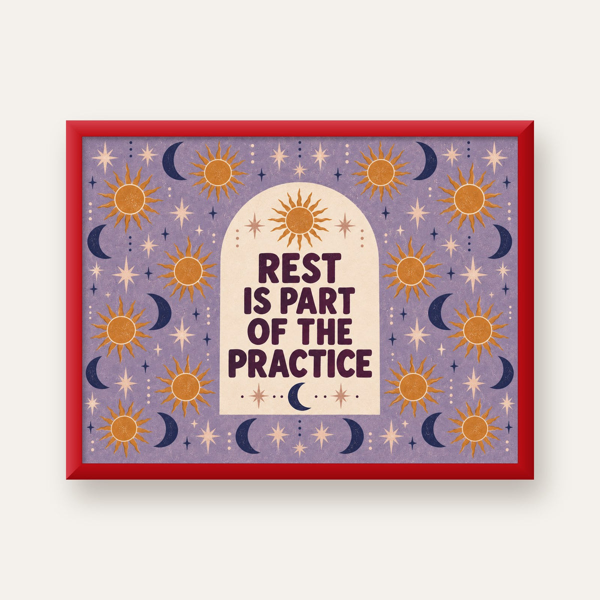 Rest Is Part of the Practice Güneş ve Ay Yoga Poster — kırmızı çerçeveli