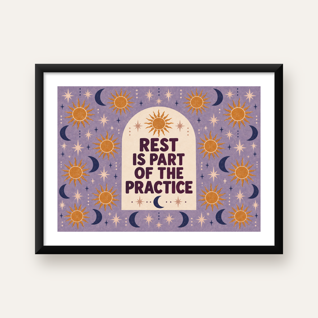 Güneş Ay Motifli Motivasyon Posteri – Rest is Part of the Practice — Yatay baskı, beyaz kenar boşluklu