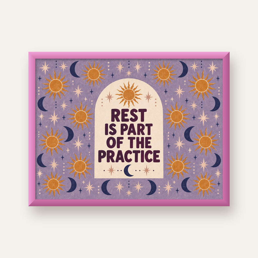 Rest Is Part of the Practice Güneş ve Ay Yoga Poster — pembe çerçeveli