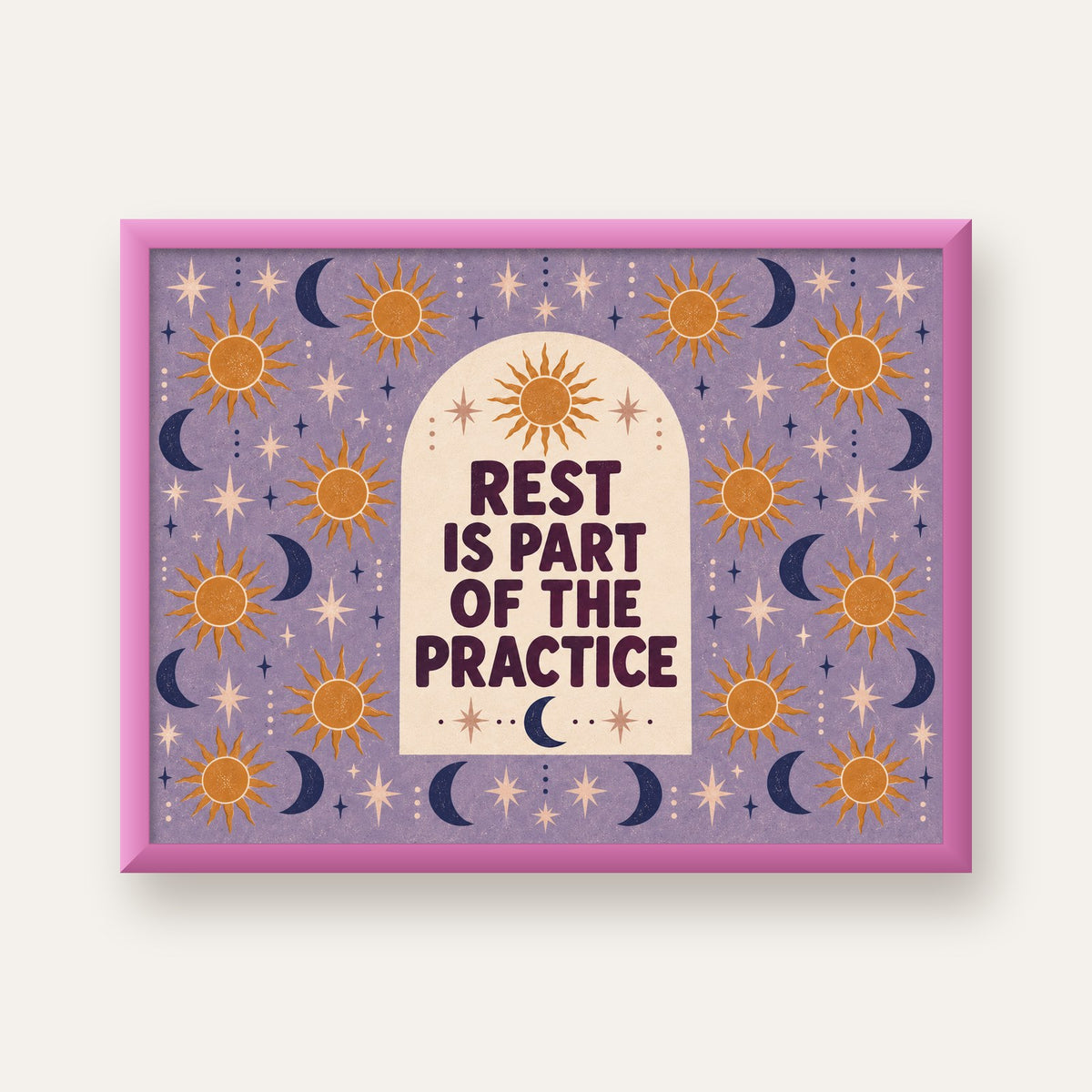 Rest Is Part of the Practice Güneş ve Ay Yoga Poster — pembe çerçeveli