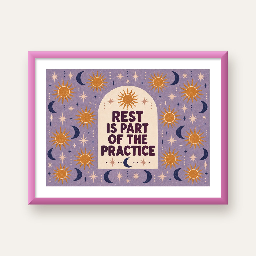 Rest Is Part of the Practice Güneş ve Ay Yoga Poster — pembe çerçeveli paspartulu