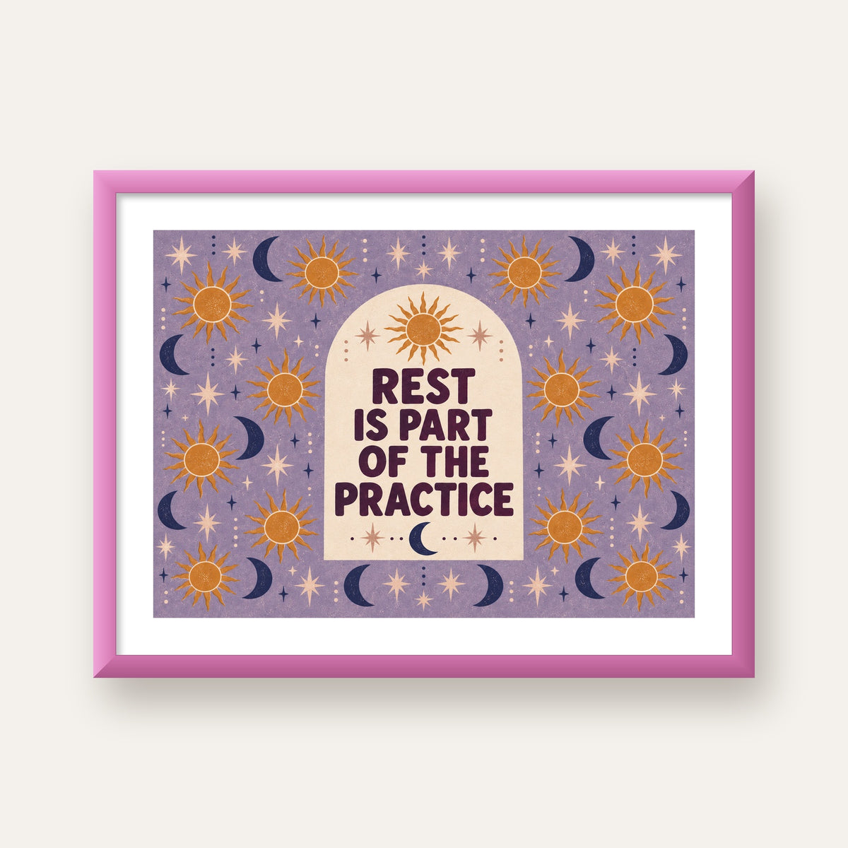 Rest Is Part of the Practice Güneş ve Ay Yoga Poster — pembe çerçeveli paspartulu