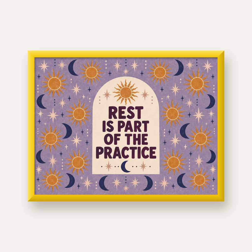 Rest Is Part of the Practice Güneş ve Ay Yoga Poster — sarı çerçeveli