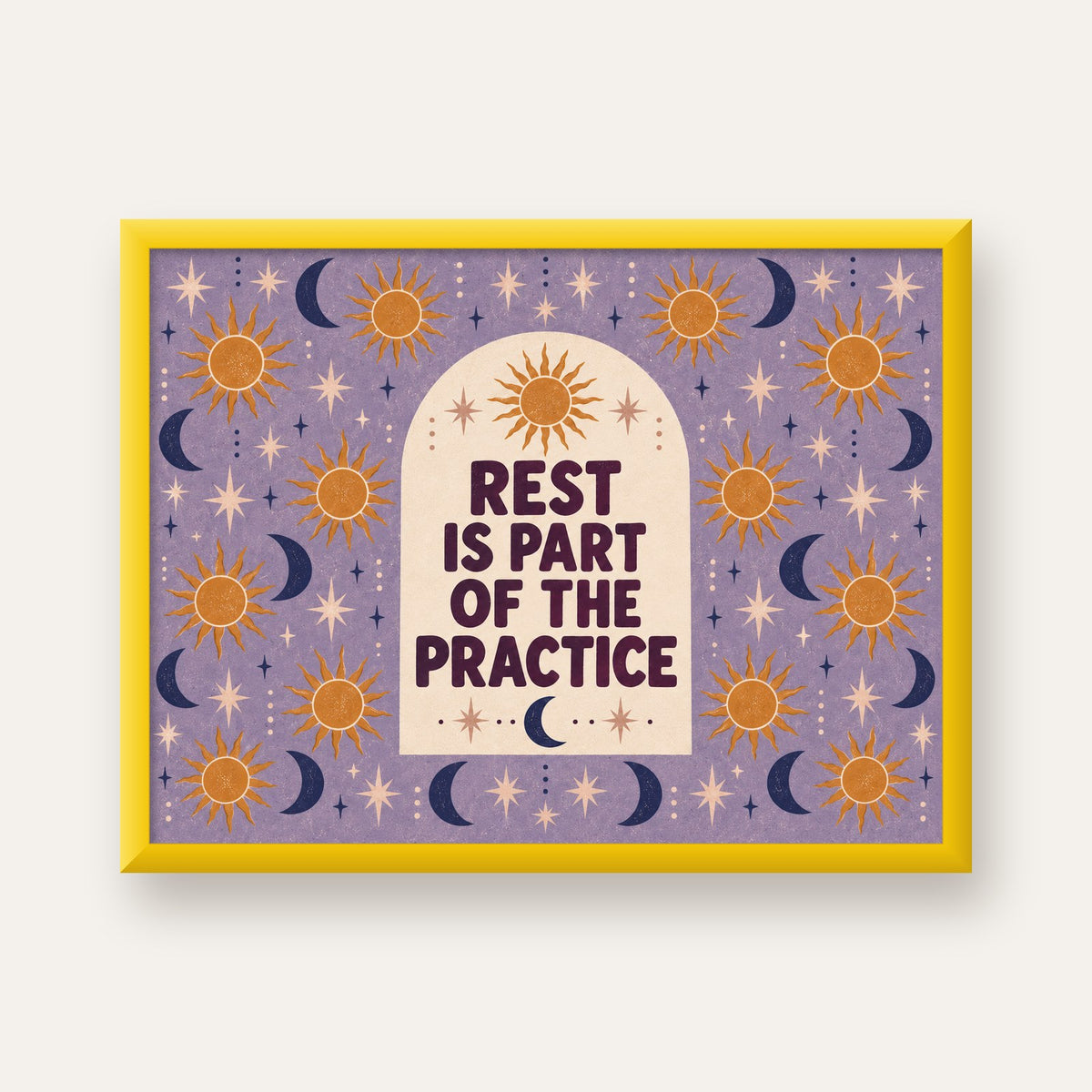 Rest Is Part of the Practice Güneş ve Ay Yoga Poster — sarı çerçeveli