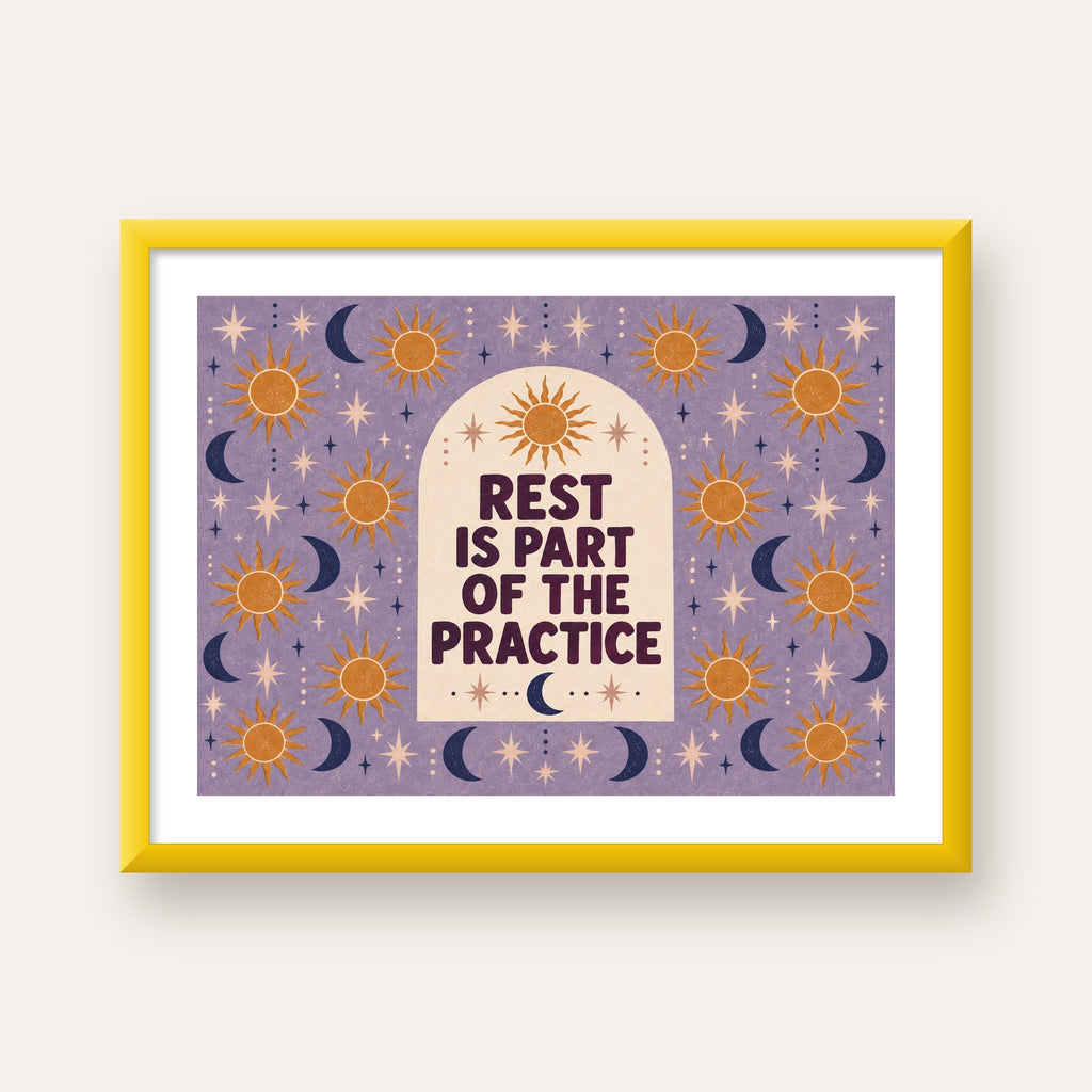 Rest Is Part of the Practice Güneş ve Ay Yoga Poster — sarı çerçeveli paspartulu