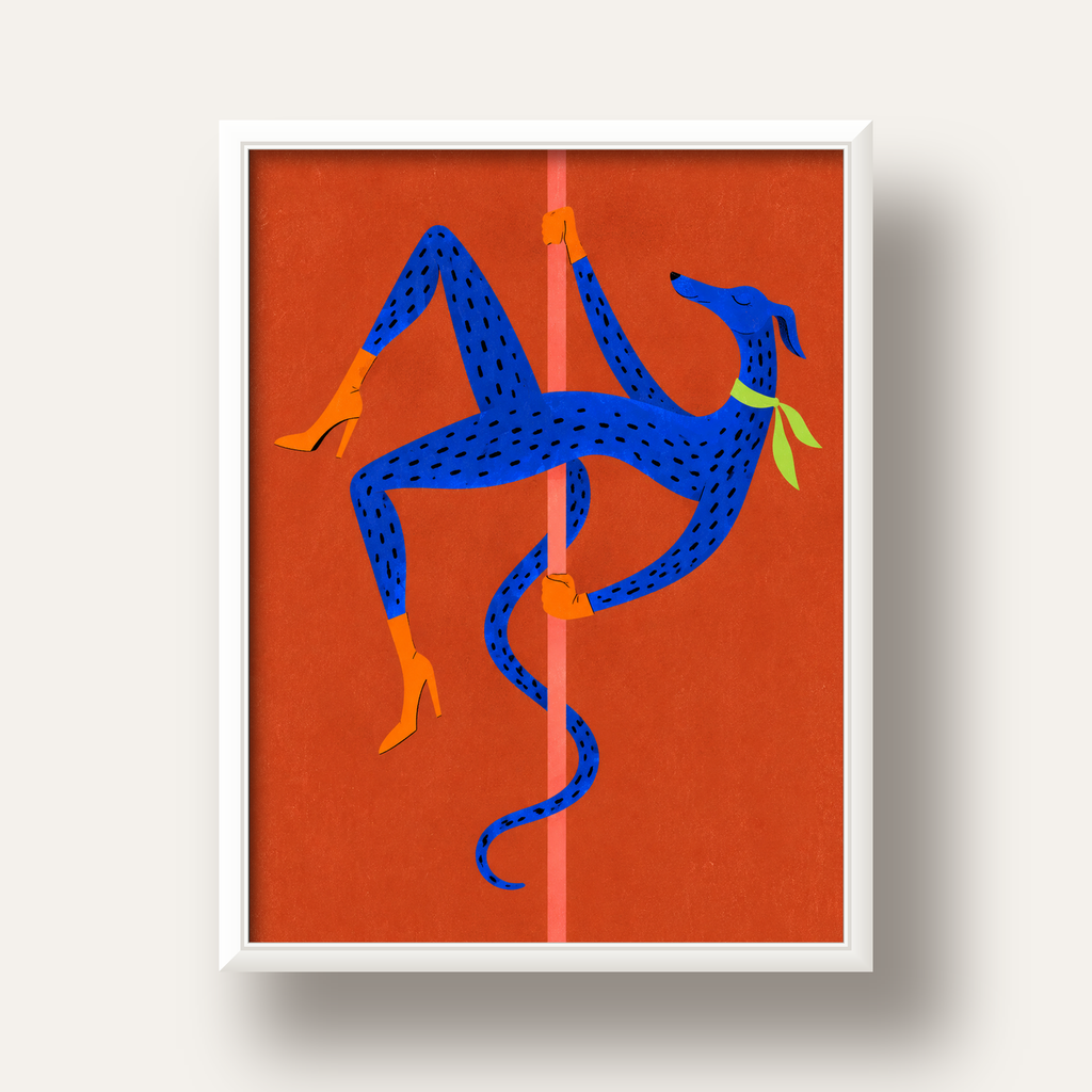Direğe Tırmanan Dans Eden Tazı İllüstrasyon Posteri — beyaz derin çerçeveli