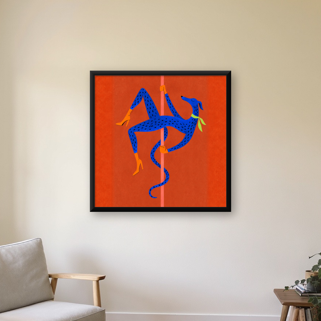 Kutup Dansı Yapan Mavi Köpek Dijital Sanat Poster — Kare baskı, çerçeveli hâliyle bir ev duvarında