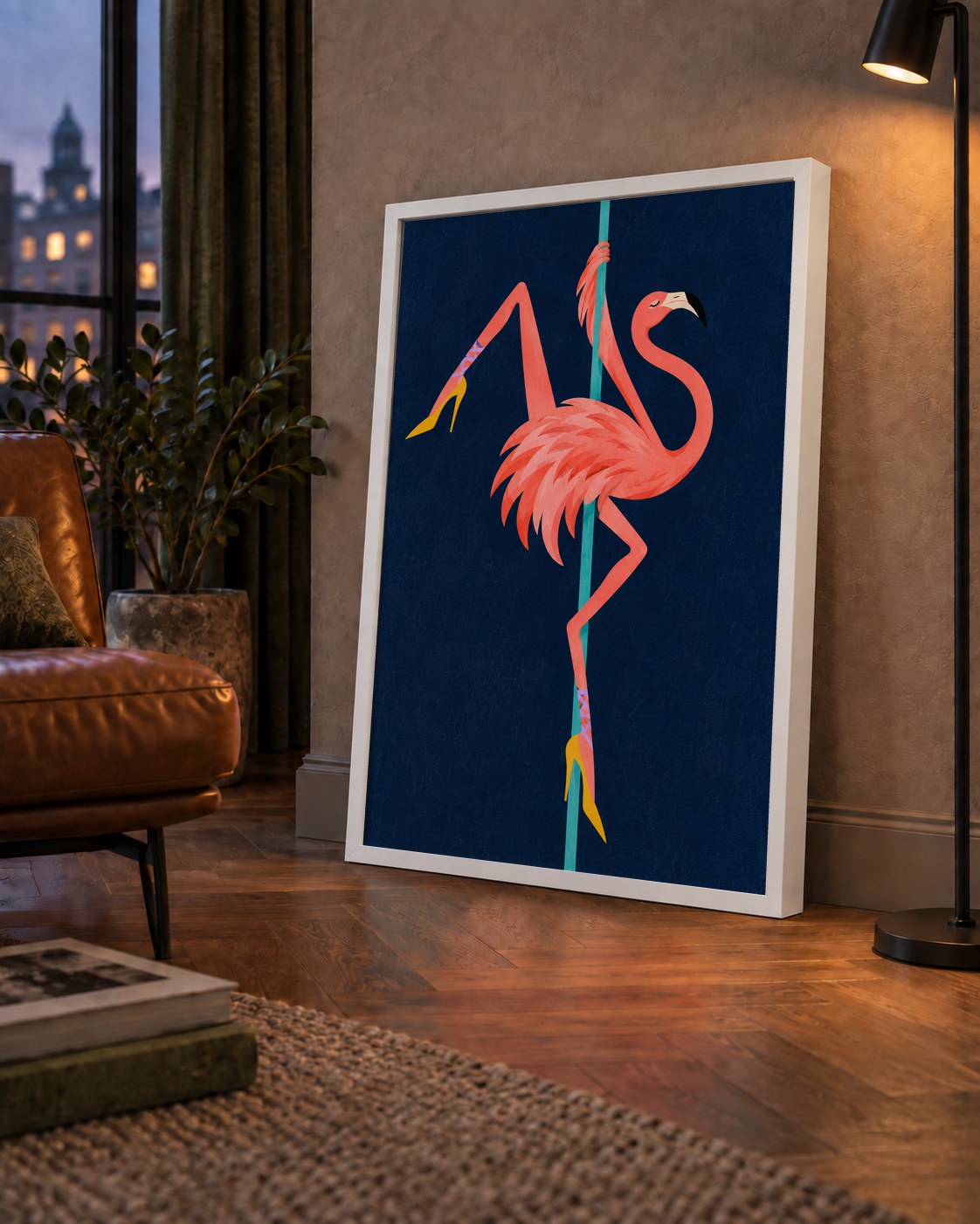 Direk Dansı Yapan Flamingo Modern Poster — çerçeveli hâliyle bir ev duvarında