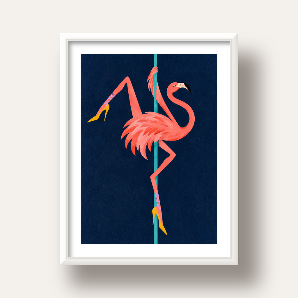 Direk Dansı Yapan Flamingo Modern Poster — beyaz derin çerçeveli paspartulu