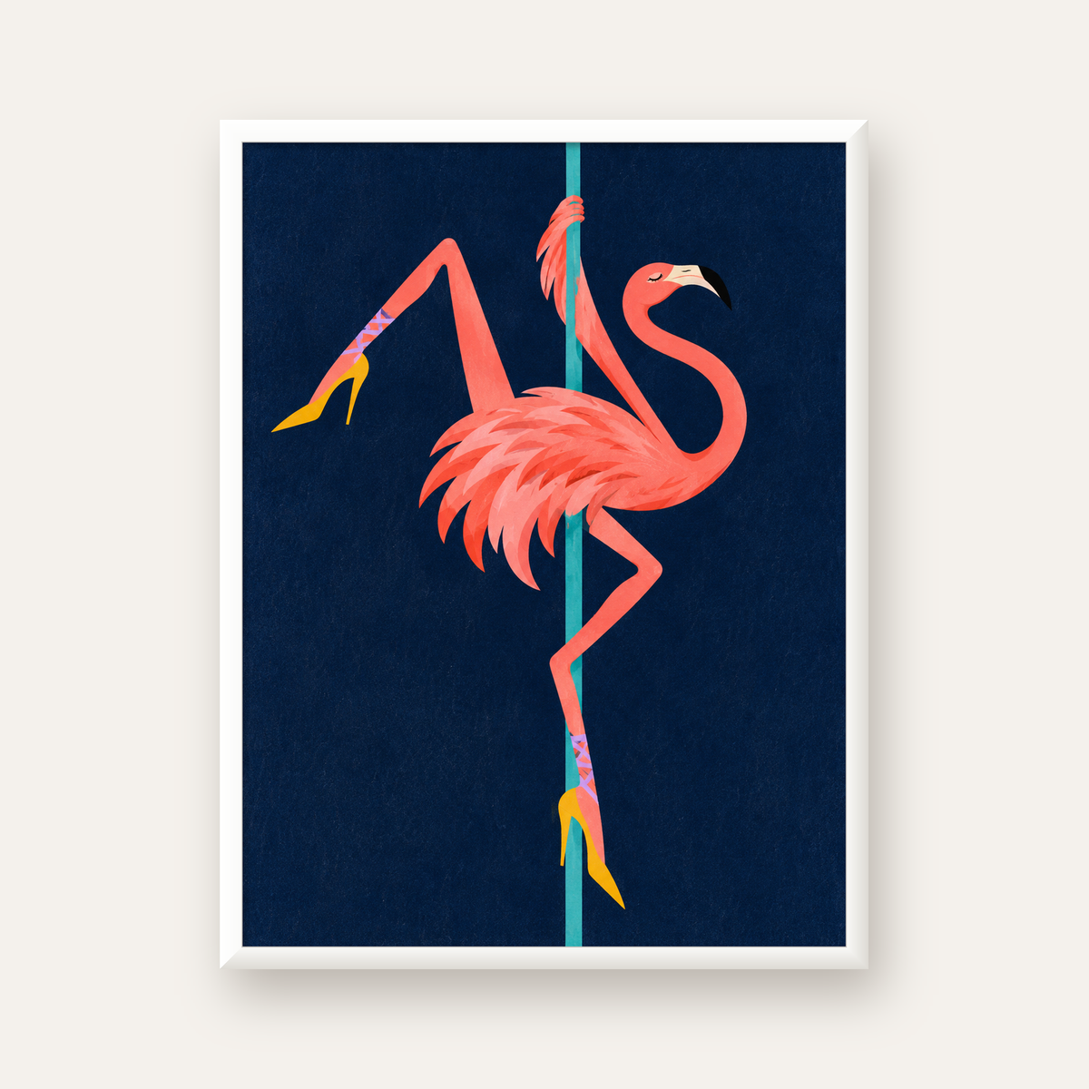 Direk Dansı Yapan Flamingo Modern Poster — beyaz çerçeveli dikey poster
