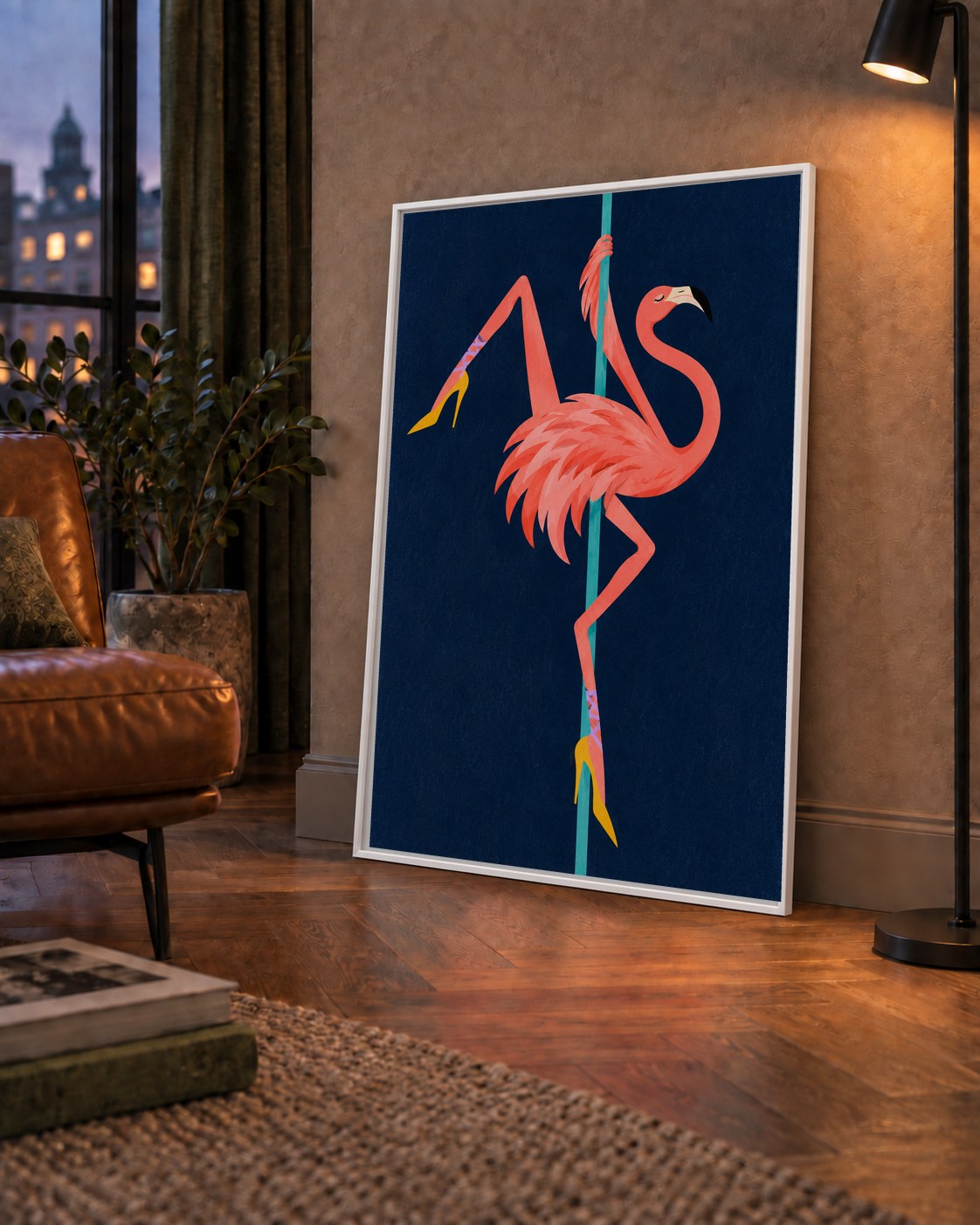 Direk Dansı Yapan Flamingo Modern Poster — çerçeveli hâliyle bir ev duvarında
