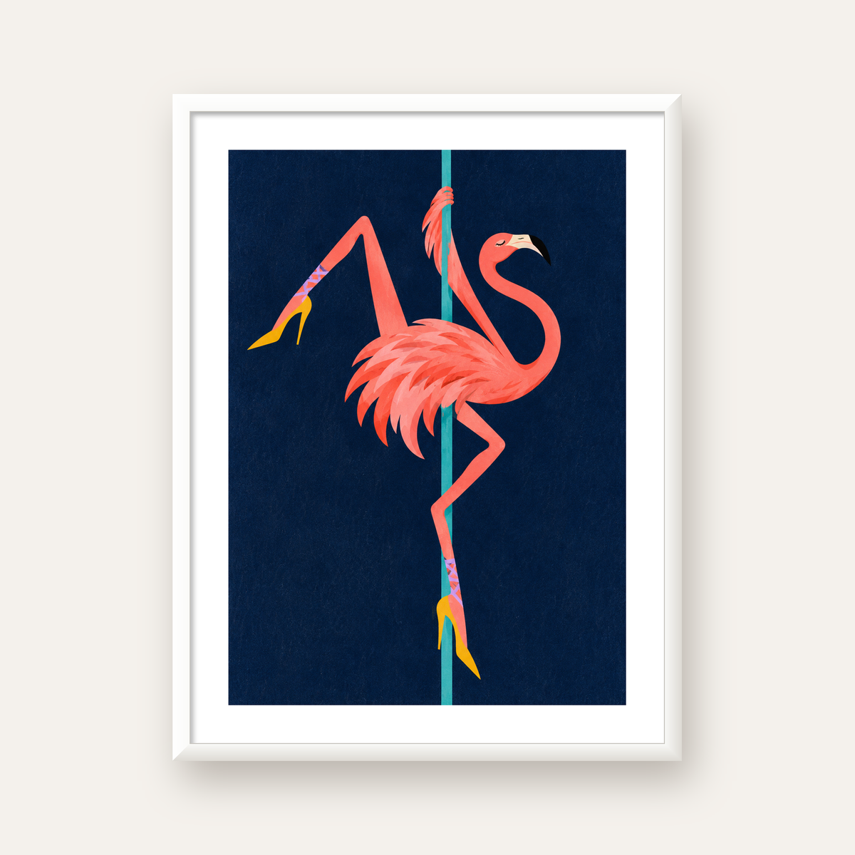 Direk Dansı Yapan Flamingo Modern Poster — beyaz çerçeveli dikey poster