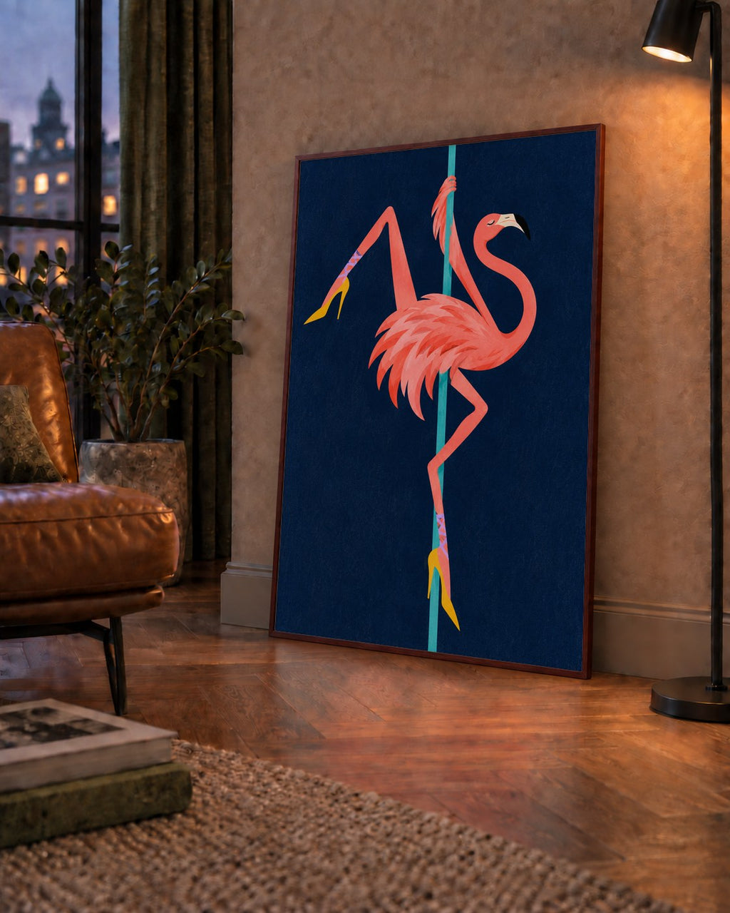 Direk Dansı Yapan Flamingo Modern Poster — çerçeveli hâliyle bir ev duvarında