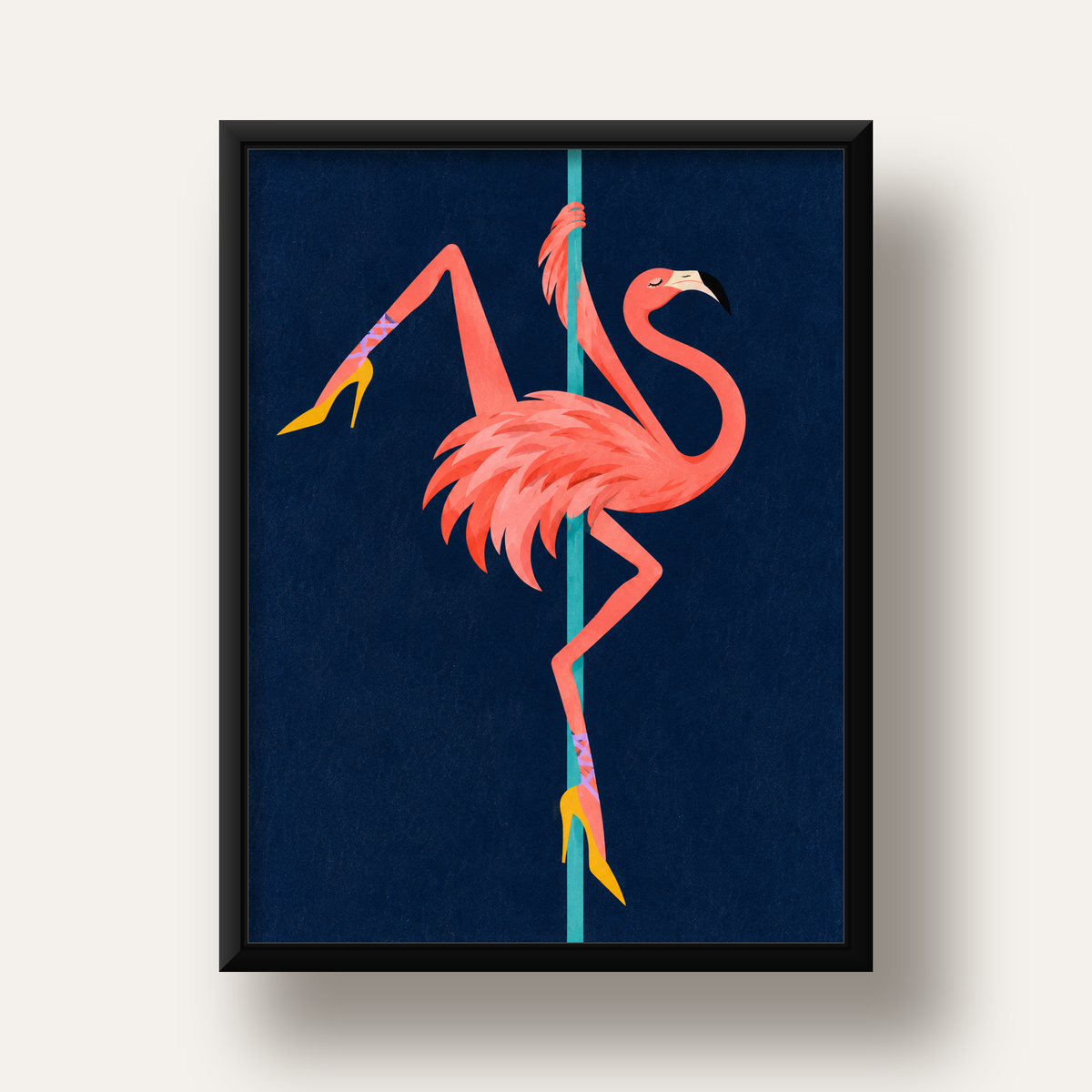 Direk Dansı Yapan Flamingo Modern Poster — siyah derin çerçeveli
