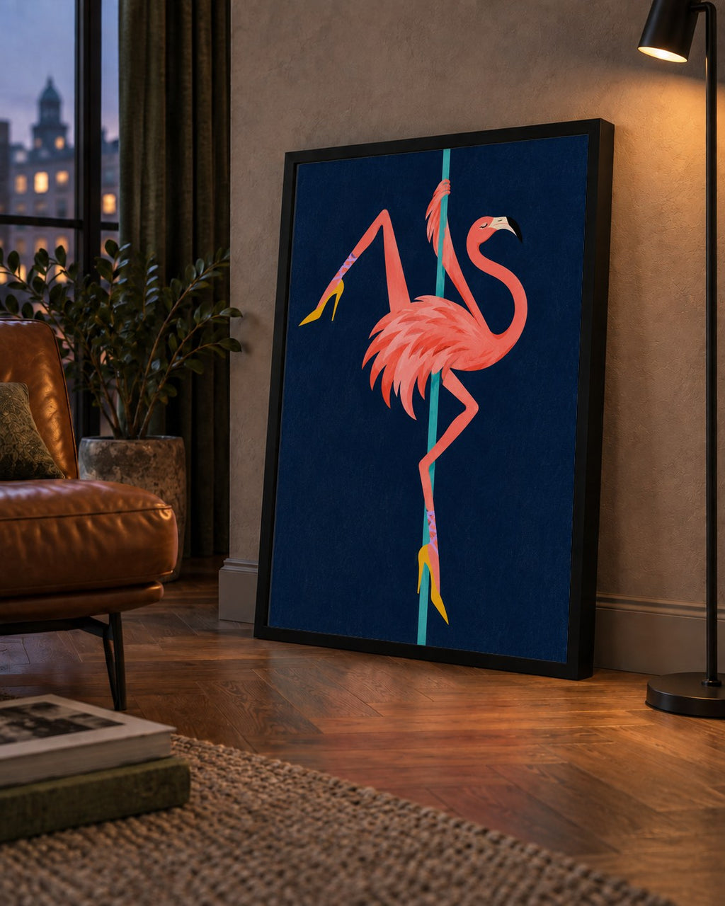 Direk Dansı Yapan Flamingo Modern Poster — çerçeveli hâliyle bir ev duvarında