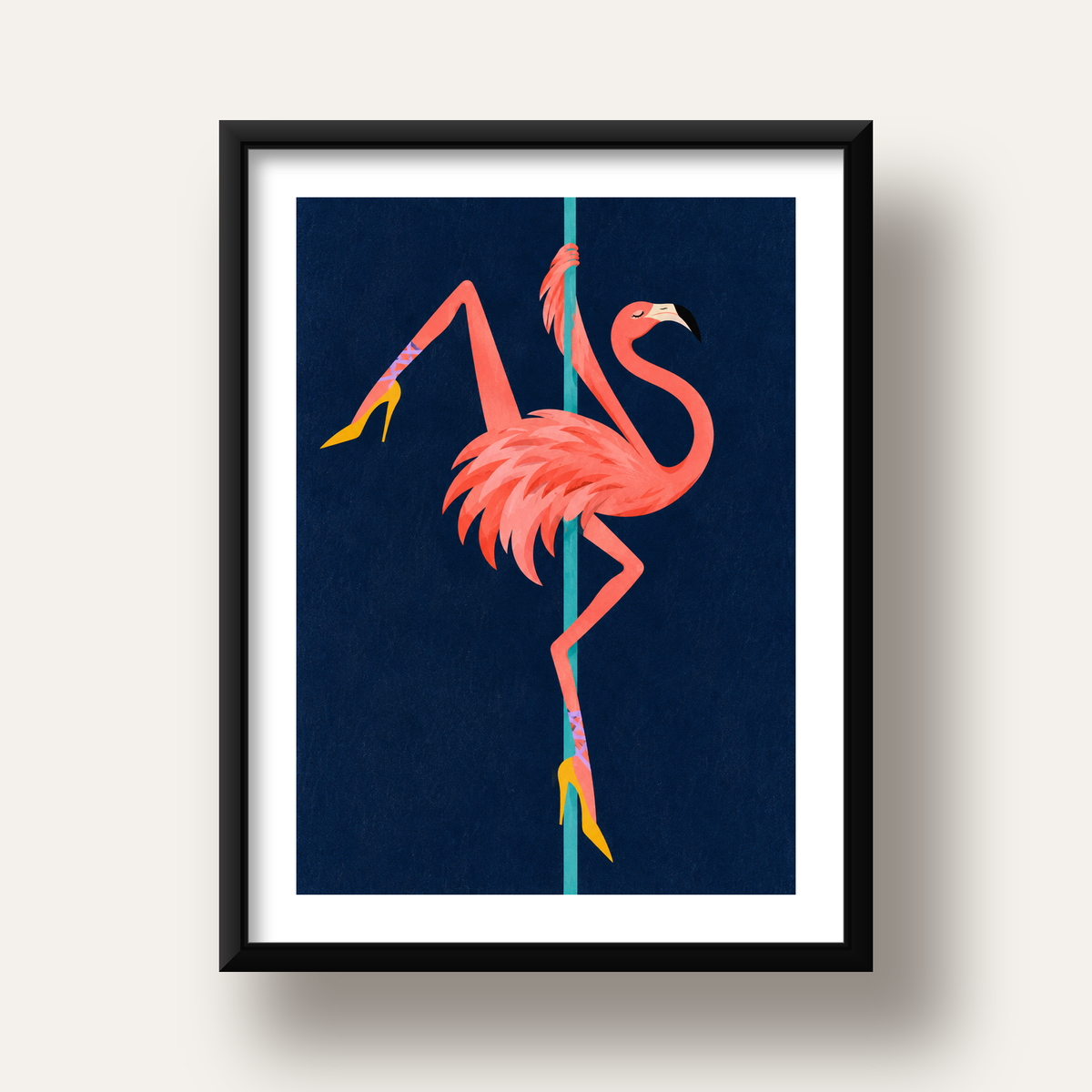Direk Dansı Yapan Flamingo Modern Poster — siyah derin çerçeveli paspartulu
