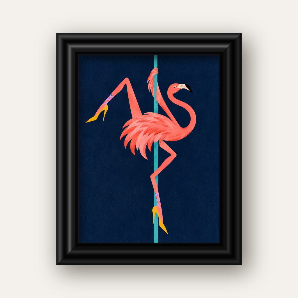 Direk Dansı Yapan Flamingo Modern Poster — siyah galeri çerçeveli