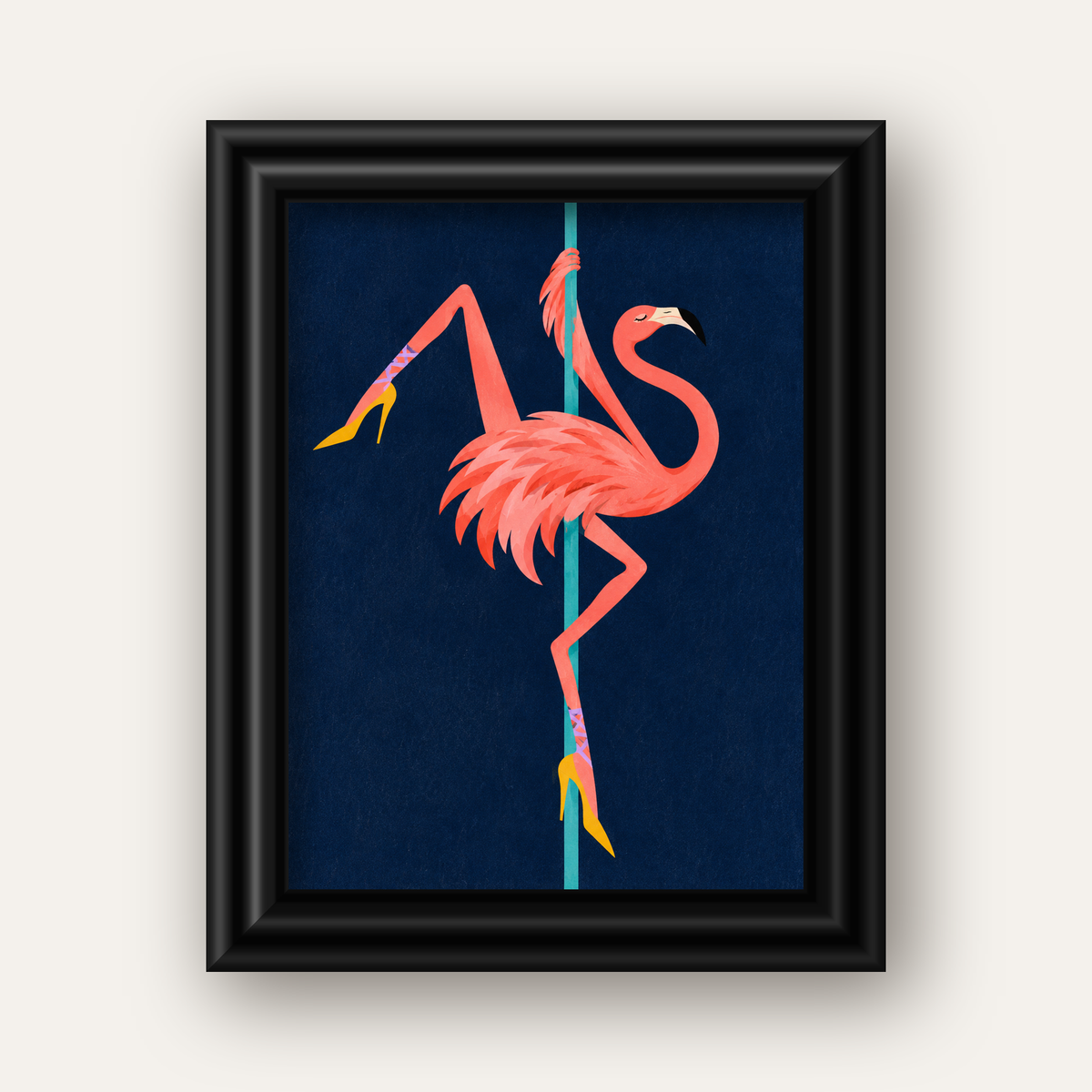 Direk Dansı Yapan Flamingo Modern Poster — siyah galeri çerçeveli