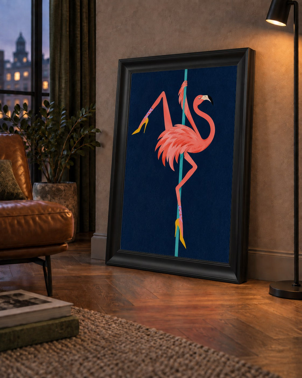 Direk Dansı Yapan Flamingo Modern Poster — çerçeveli hâliyle bir ev duvarında