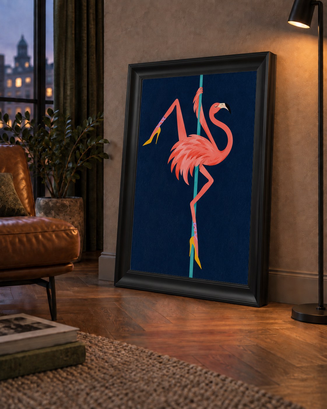 Direk Dansı Yapan Flamingo Modern Poster — çerçeveli hâliyle bir ev duvarında