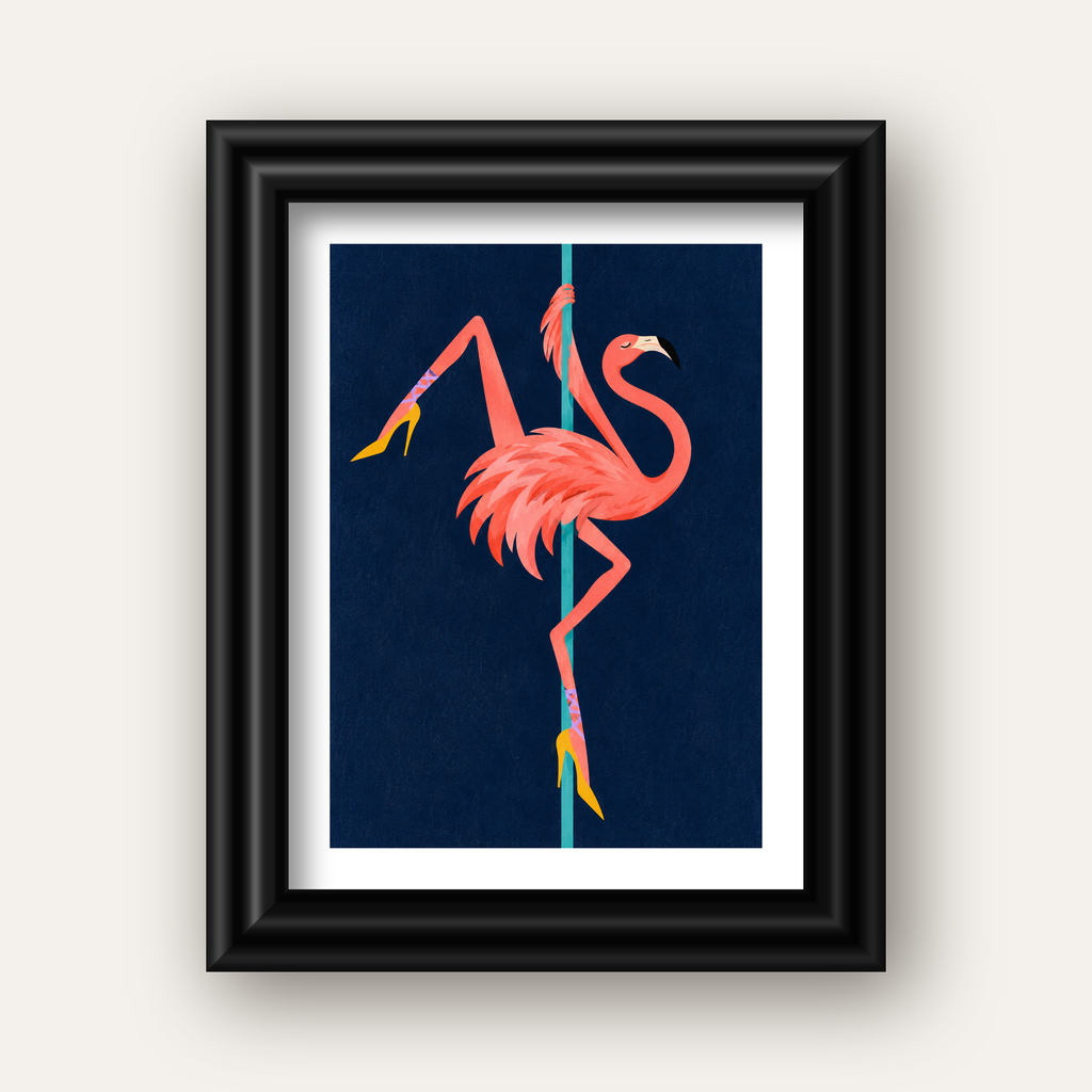 Direk Dansı Yapan Flamingo Modern Poster — siyah galeri çerçeveli paspartulu