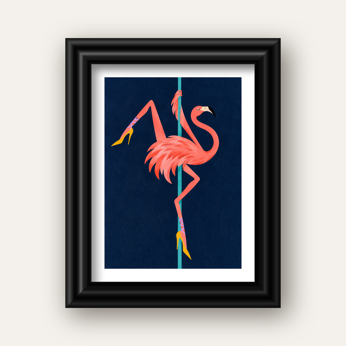 Direk Dansı Yapan Flamingo Modern Poster — siyah galeri çerçeveli paspartulu