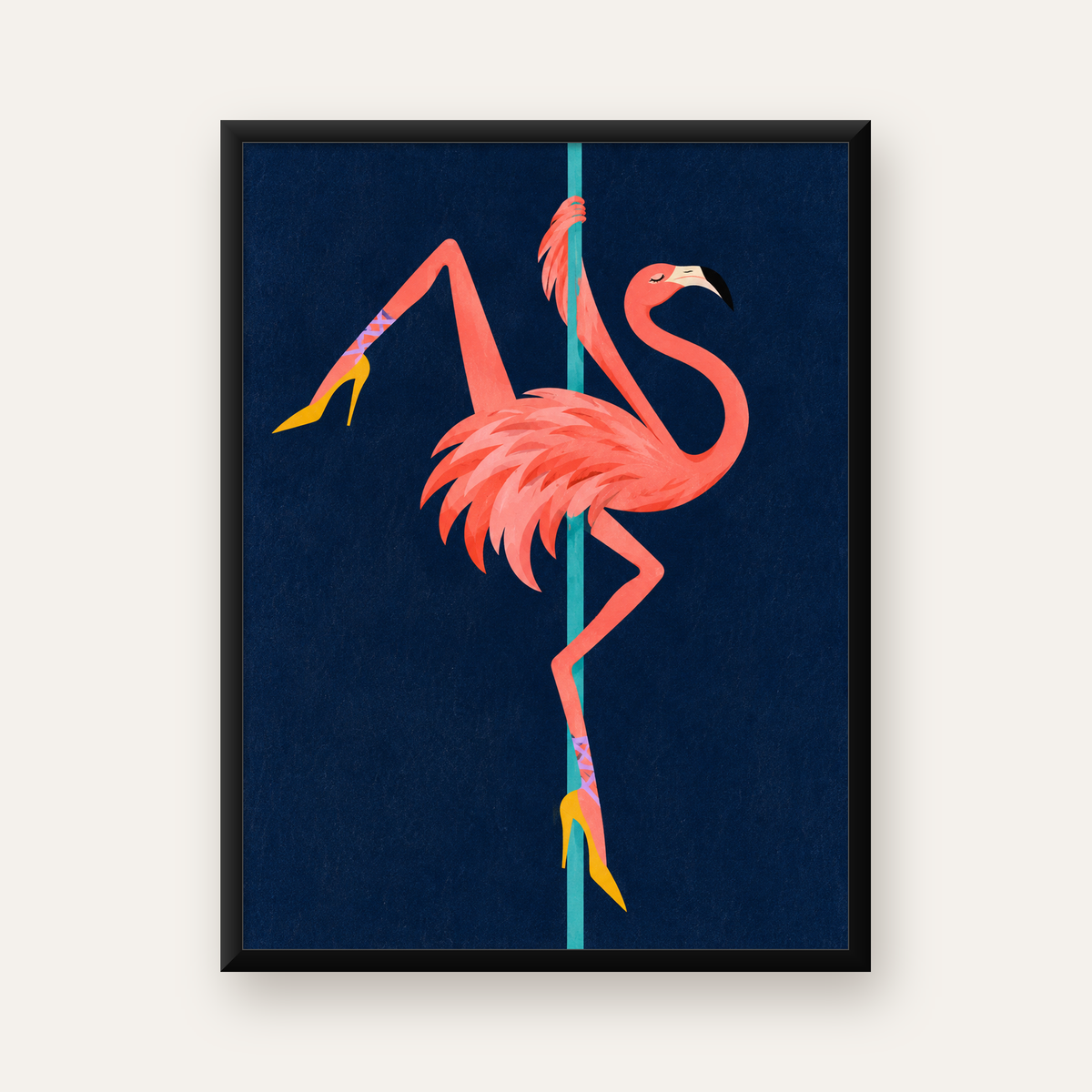 Direk Dansı Yapan Flamingo Modern Poster – Çerçeveli — Dikey baskı, düz siyah çerçeveli duvar posteri