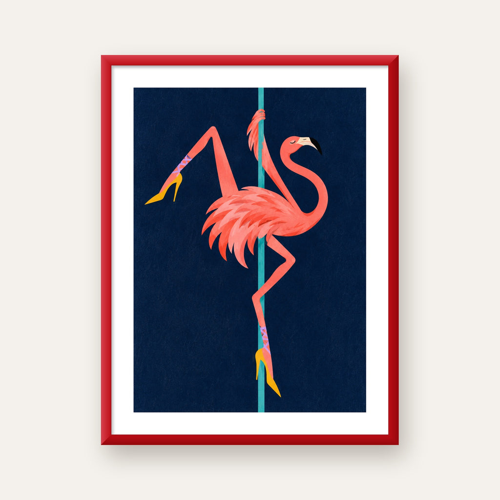 Direk Dansı Yapan Flamingo Modern Poster — kırmızı çerçeveli paspartulu