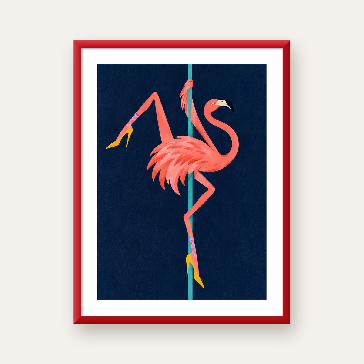 Direk Dansı Yapan Flamingo Modern Poster — kırmızı çerçeveli paspartulu