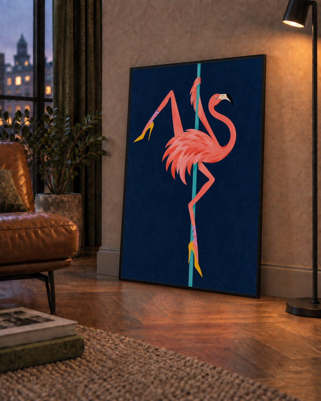 Direk Dansı Yapan Flamingo Modern Poster — çerçeveli hâliyle bir ev duvarında