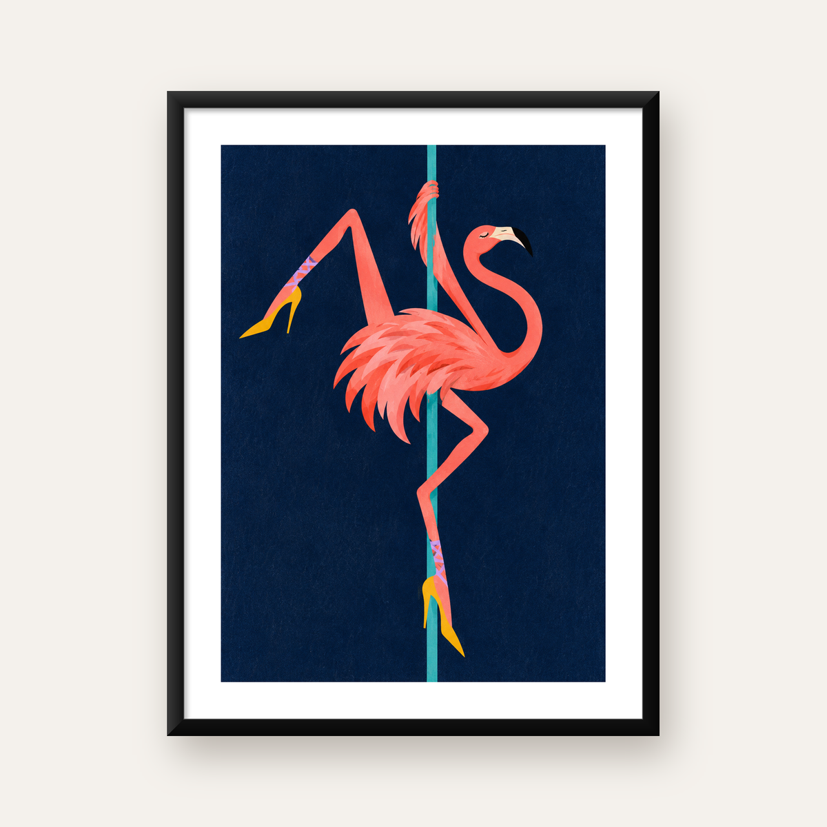 Direk Dansı Yapan Flamingo Modern Poster – Çerçeveli — Dikey baskı, beyaz kenar boşluklu