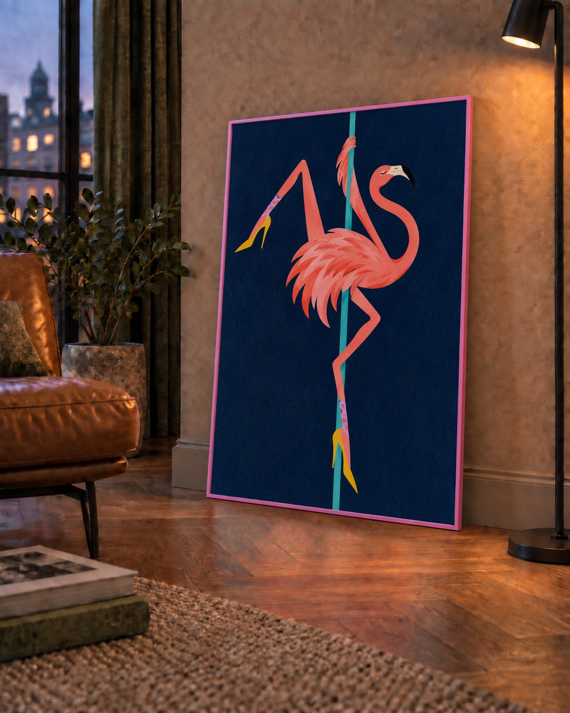 Direk Dansı Yapan Flamingo Modern Poster — çerçeveli hâliyle bir ev duvarında