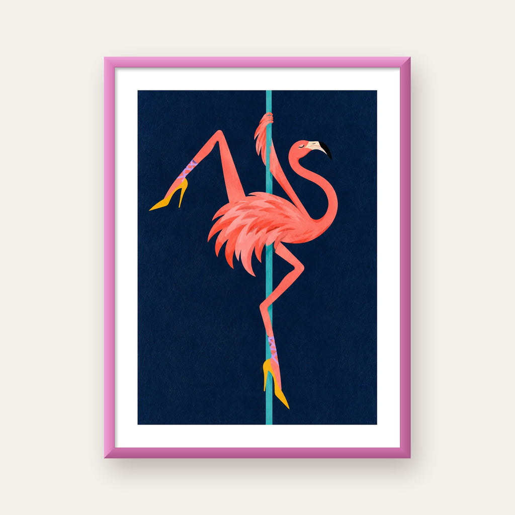 Direk Dansı Yapan Flamingo Modern Poster — pembe çerçeveli paspartulu