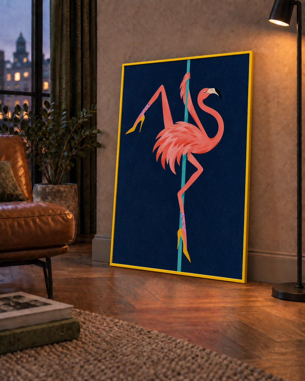 Direk Dansı Yapan Flamingo Modern Poster — çerçeveli hâliyle bir ev duvarında