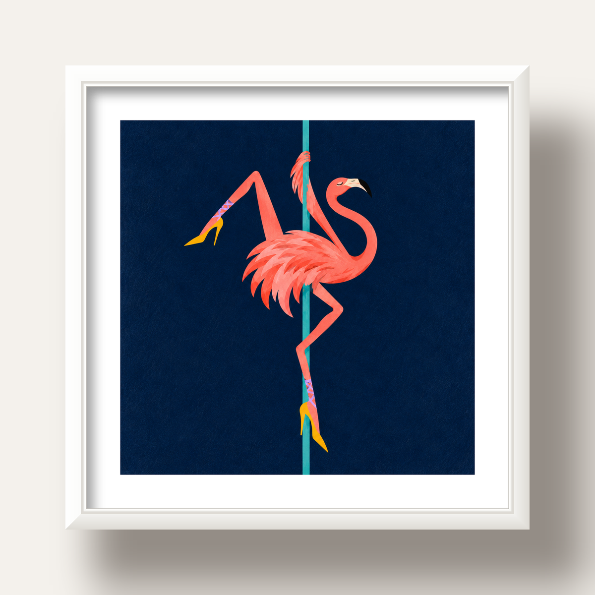 Direk Dansı Yapan Flamingo Modern Poster — beyaz derin çerçeveli paspartulu