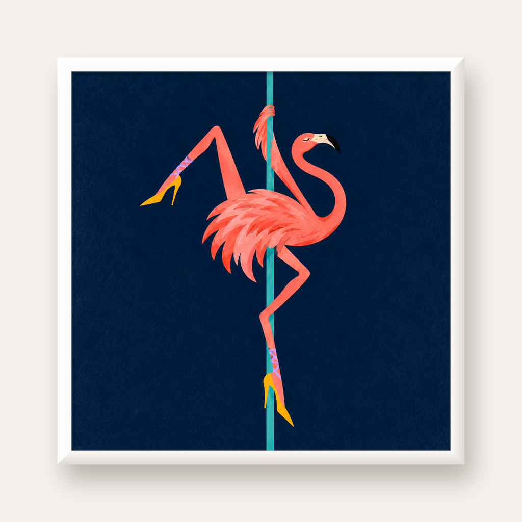 Direk Dansı Yapan Flamingo Modern Poster — beyaz çerçeveli kare poster