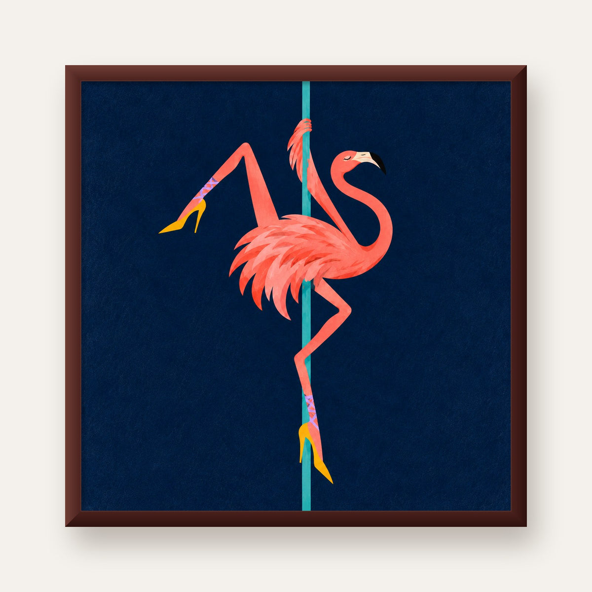 Direk Dansı Yapan Flamingo Modern Poster — ceviz çerçeveli