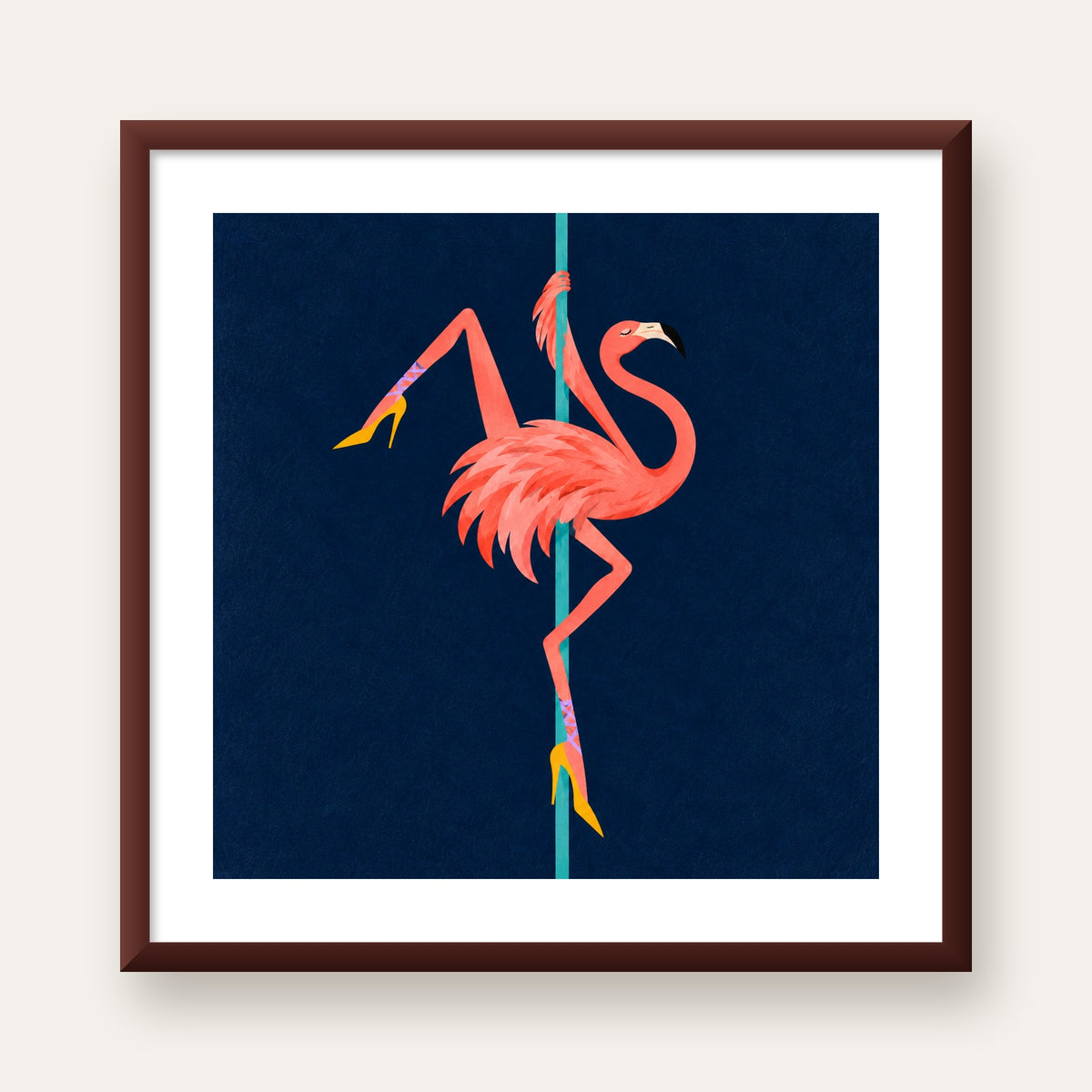 Direk Dansı Yapan Flamingo Modern Poster — ceviz çerçeveli paspartulu