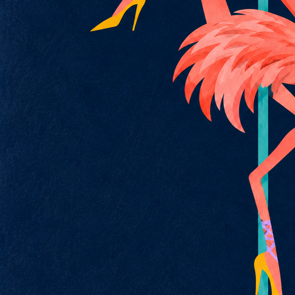 Direk Dansı Yapan Flamingo Modern Poster – Çerçeveli — baskının yakın çekimi, kâğıt dokusu ve renk detayı