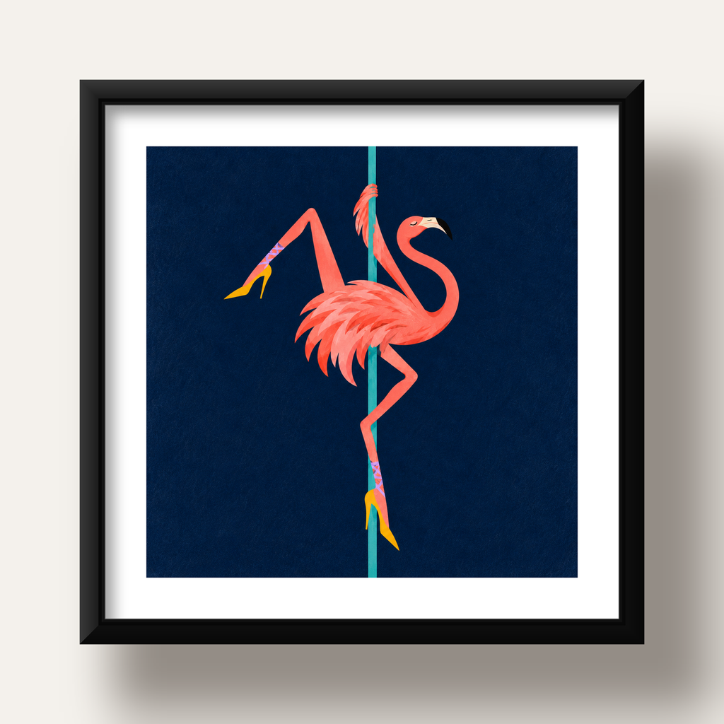 Direk Dansı Yapan Flamingo Modern Poster — siyah derin çerçeveli paspartulu