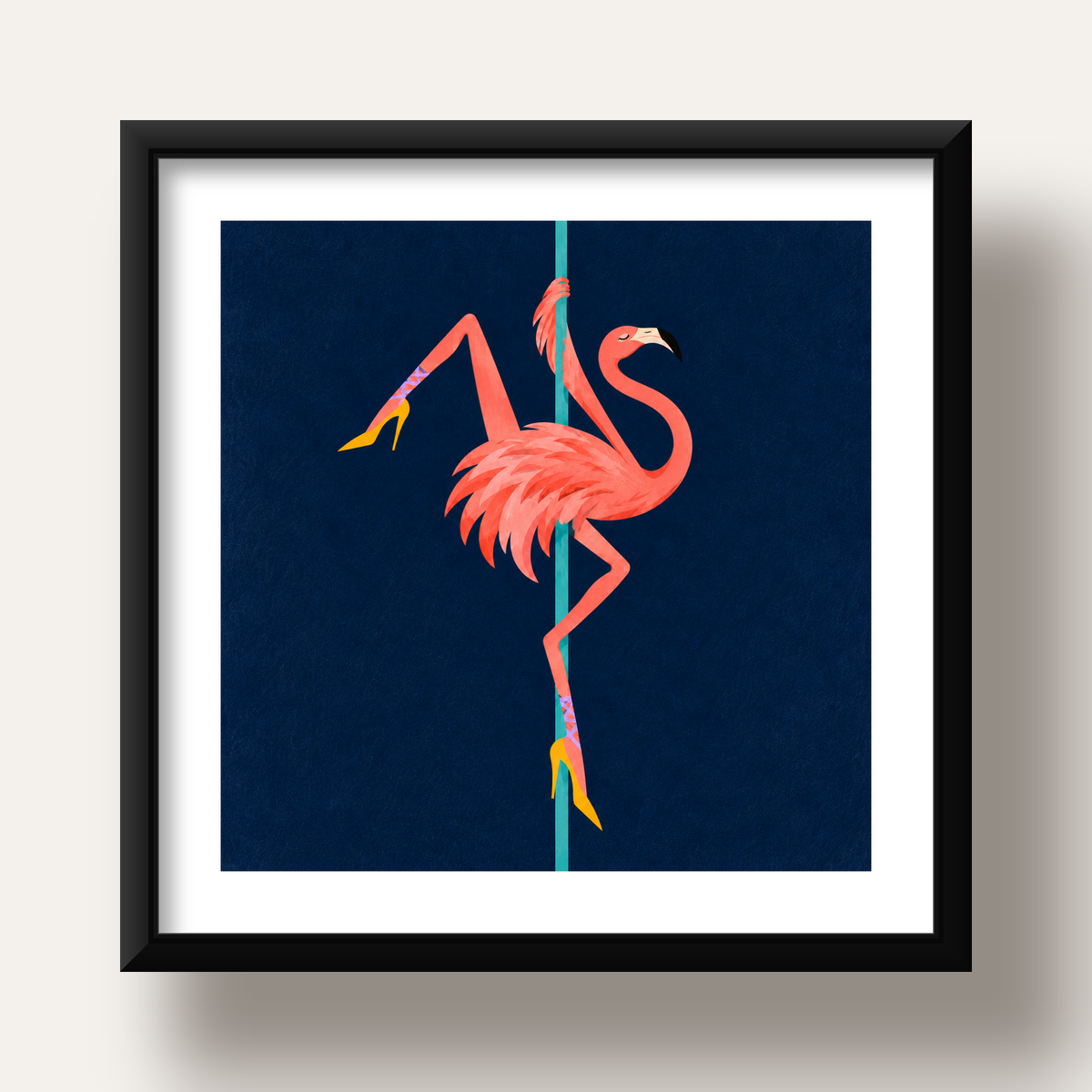 Direk Dansı Yapan Flamingo Modern Poster — siyah derin çerçeveli paspartulu